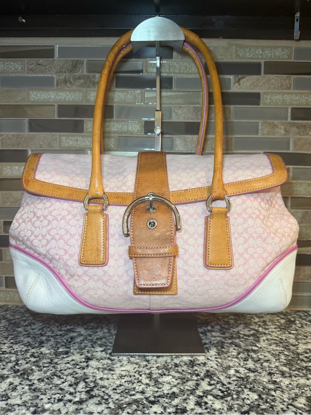 Coach Pink Soho Signature Hobo Canvas Satchel with Tan Trim and White Accents